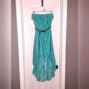Trixxi Strapless Hi Low Belted Lace Dress, size small, teal